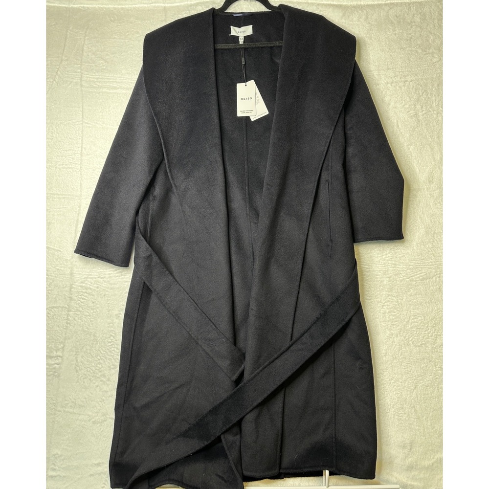Reiss Freja Shawl Collar Wrap Coat Women Size 8 Navy Blue Wool Blend Belted NEW